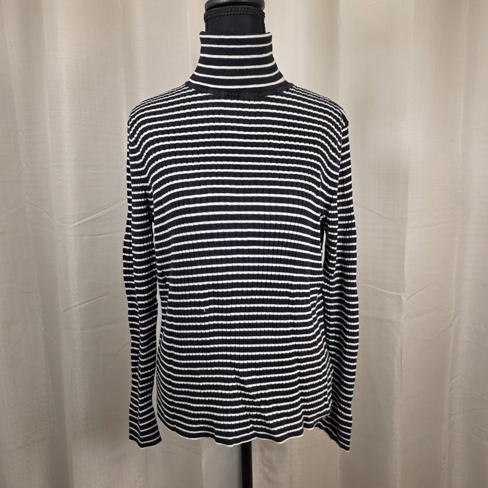 Talbots Black White Striped Ribbed Turtleneck Sweater Size L